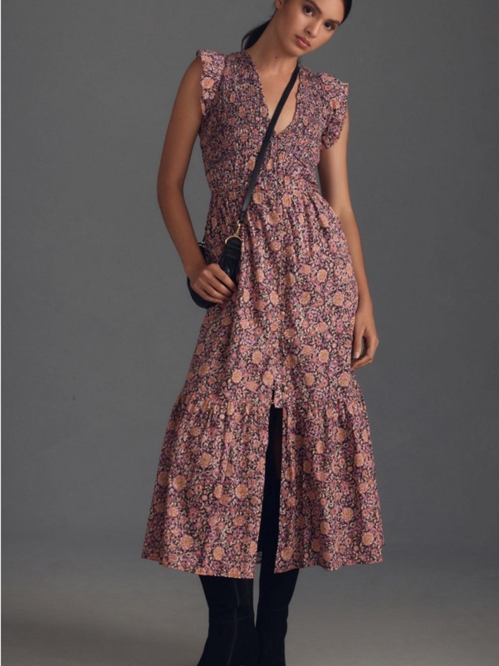 Anthropologie Peregrine Midi Dress with Ruffle Shoulders
